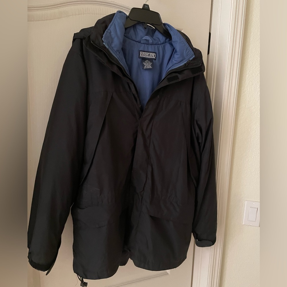 Lands End Men’s Black Polyester Wind Jacket With Zip-Out Insulator Size M 38-40